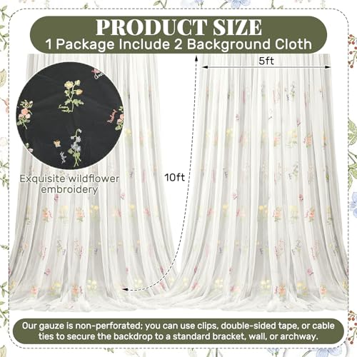 Tegeme 10x10 ft Wildflower Decor Backdrop Curtains Embroidery Sheer Floral