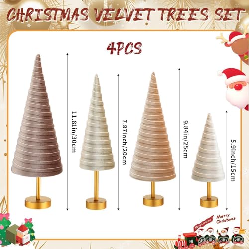 Hoolerry 4 Pcs Christmas Velvet Trees with Gold Pedestal, Nude Tone - color: Nude Tone