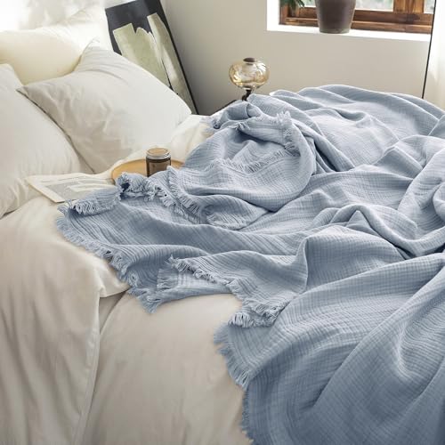 FOSSA Muslin Blanket: 4-Layer 100% Cotton Gauze Blanket with Fringe 98"x98" - color: Cornflower Blue, size: Oversize Queen(98" × 98")