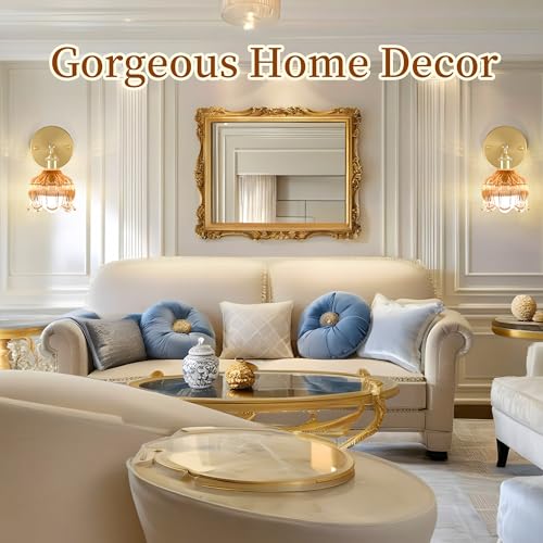 Battery Operated Wall Sconces Set of 2, Amber Tulip Glass Wall Lights | Rechargeable flower wall lamps with remote control, 15 colors, 10-level dimming and timer for bedroom and living room - color: Amber