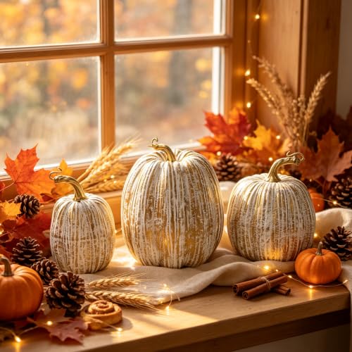 winemana Gold Pumpkins Fall Decor Large Artificial Foam Pumpkin, 3 Pack - color: Gold-2