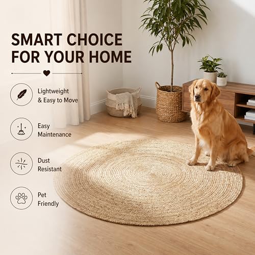 THE BEER VALLEY Jute Braided Area Rug, Natural, 4 Feet Round - color: Natural, size: 4' (Round)