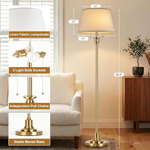 2-Light Floor Lamp for living room, 66.5'' Rustic Farmhouse Pole Lamp with Double Pull Chain, Mid Century Vintage Tall Standing Lamp for Bedroom Home Decor(3 Color Temperatures Bulb Included), Gold - color: Gold