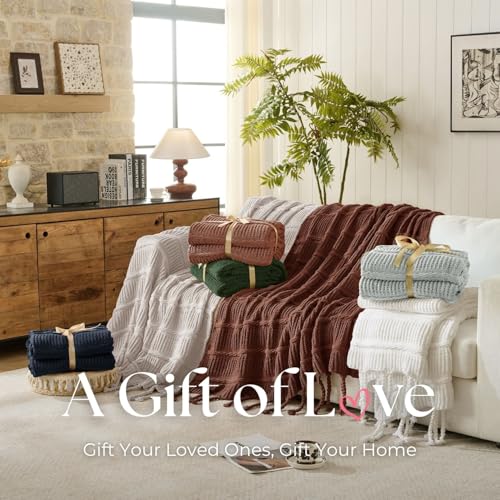 Boho Knitted Chenille Blanket with Tassels - Lightweight & Soft All-Season Throw - 3D Classic Pattern for Living Room Bedroom Couch, Clay Brown, Queen 90"x90" - color: Clay Brown, size: Queen