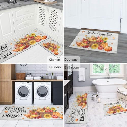 Fall Kitchen Rugs Set of 2,Fall Entrance Door Mats Wood Grain Pumpkin Non Slip Kitchen Rug,Washable Anti Fatigue Mat,Kitchen Floor Washable Runner Rug,Autumn Thanksgiving Kitchen Laundry 17x30+17x47In - color: Watercolor Pumpkin