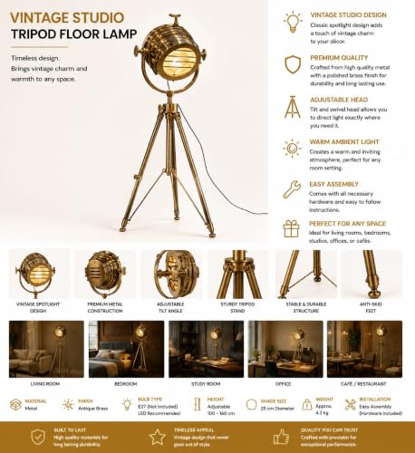 Vintage Studio Tripod Floor Lamp, Antique Brass, Adjustable Height