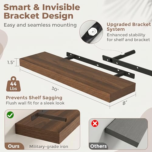 30 Inch Floating Shelves for Wall, 8"D Wood Storage Shelves, Walnut Finish - color: Walnut, size: 30 Inch