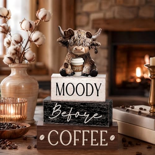 Yousoontic 4 Pcs Coffee Highland Cow Figurine, Rustic Farmhouse Decor - style: Coffee