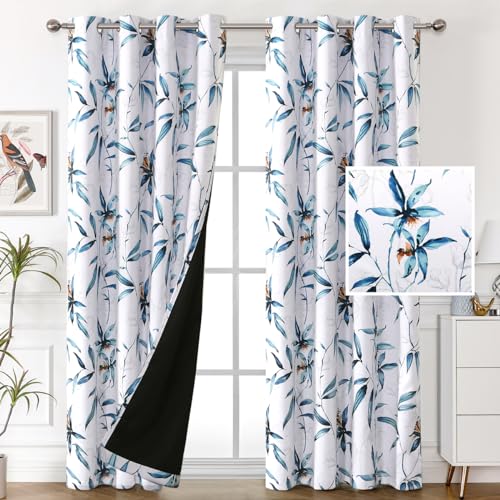 H.VERSAILTEX 100% Blackout Curtains 84 inch Length 2 Panels Set Printed Drapes Thermal Insulated Curtains for Bedroom with Black Liner Sound Proof Curtains, Bella Vista Indigo - color: Bella Vista Indigo, size: 52"W x 84"L (Pack of 2)