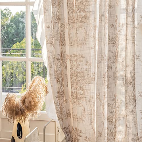 SUOUO Coffee Brown Toile Floral Semi Sheer Curtains 84 Inches 2 Panels - color: Coffee-t, size: 52"W x 84"L (Pack of 2)