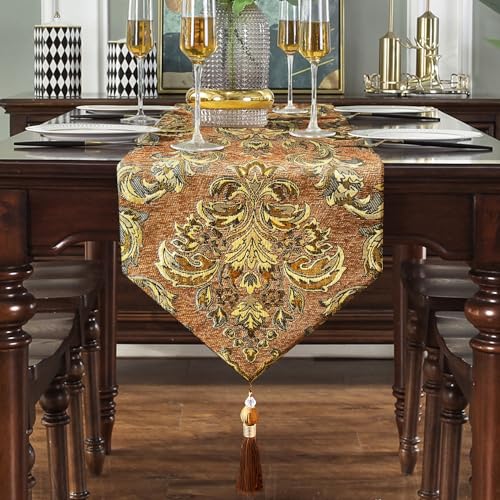 Deluxe Embroidered Table Runner 84" Caramel Retro Chenille Jacquard Cloths - color: Caramel, size: 13x84“