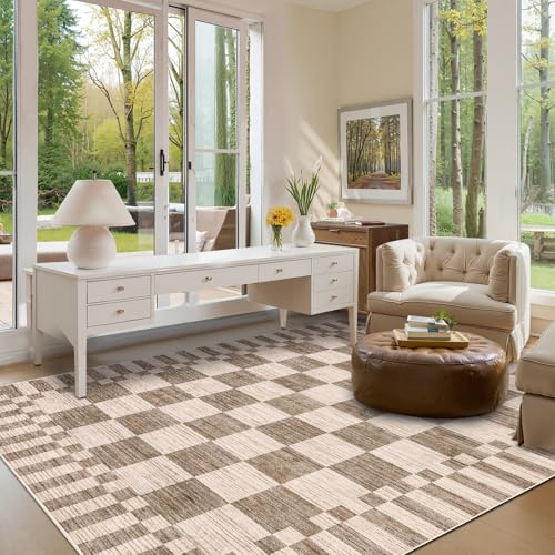 GarveeHome Brown Checkered Rug 5x7 Area Rugs Washable Living Room 5x7 Rug - color: Brown, size: 5' x 7' (Rectangular)