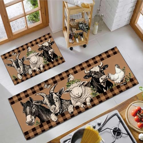 Farm Animals Kitchen Rugs Set of 2, Farmhouse Goat Rooster Highland Cow Horse Floor Mats Home Decor,Plaid Bird Butterfly Door Mat Decorations - 17x30 and 17x47 Inches - color: Farm Animals