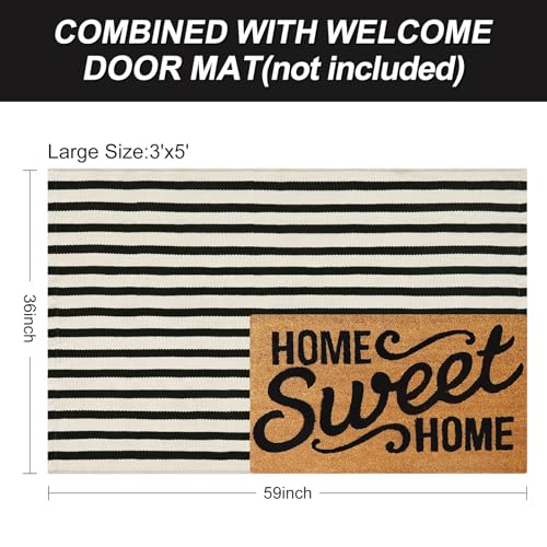 LEEVAN 3'X5' Black and White Striped Woven Cotton Reversible Outdoor Rug - color: Black and White, size: 3' x 5'
