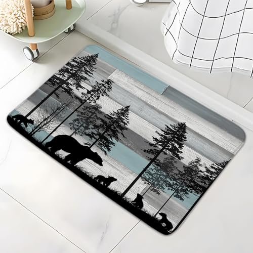Rustic Bear Bathroom Rugs Cabin Retro Wooden Board Tree Fall Autumn Forest Farmhouse Country Camping Hunting Nature Safari Wild Animal Bath Mat Bedroom Kitchen Toilet Floor Doormat 17.8x29.5 in - color: Blue, size: 17.8x29.5