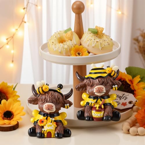 Karenhi 2 Pcs Highland Cow Figurines Resin, Bee Theme Honey Jar Decor - style: Bee