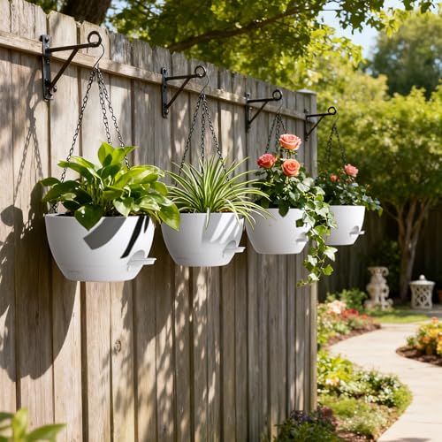 UOUZ 4 Pack 8 Inch Self Watering Hanging Planters for Indoor Outdoor Plants,Hanging Pots for Plants with Drainage Removable Tray, Hanging Baskets Flower Pots for Ivy Pothos Spider Garden Porch White - color: White, size: 8inch-4pack