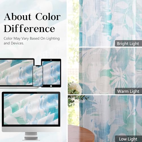 Aqua Blue White Linen Sheer Curtains for Living Room 55x63" Coastal Print - color: Back Tab- Semi Sheer- Aqua Blue, size: 55"W x 63"L (Pack of 2)