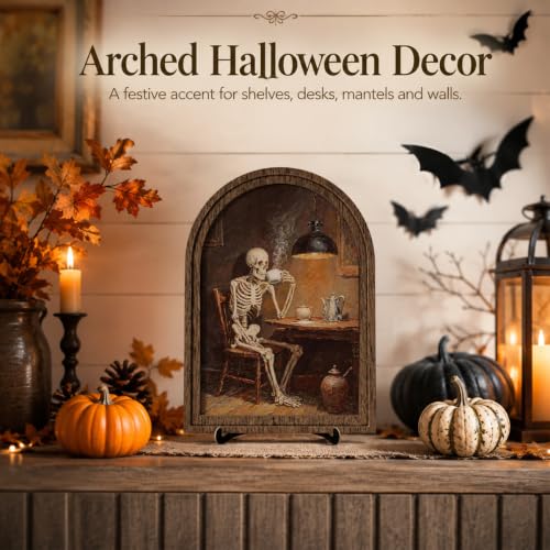 Halloween Skeleton Coffee Arched Wood Frame Decor, Vintage Cafe Wall Art - color: Color 25