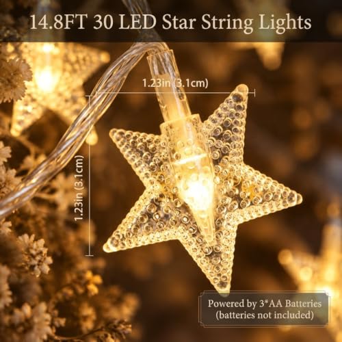 Star String Lights, 30 LED White-Color, 10 Feet Indoor Decorative Lights Battery Powered for Bedroom, Dorm Room and Party Decor - color: Star