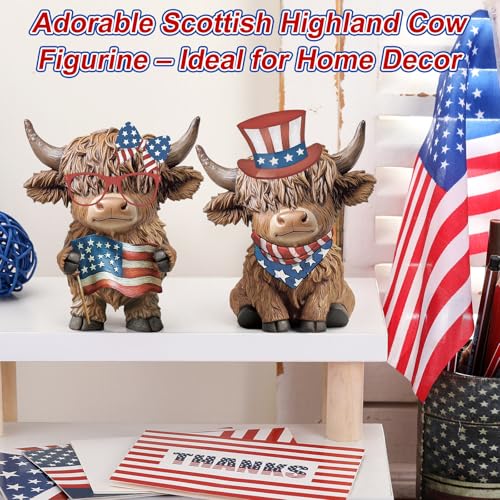 Karenhi 2 Pcs 4th of July Highland Cow Figurines Resin Tabletop Decor - style: 4th of July