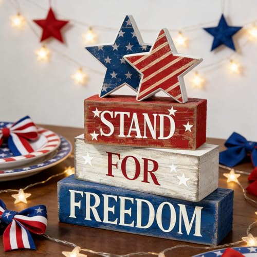 4th of July Table Decorations Patriotic Memorial Day Tiered Tray Decor Wooden Stars Block Signs Independence Farmhouse 250th July Fouth Centerpiece for Tables Wooden Sign for Home Decor - style: July 4th Stars