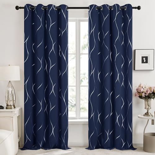 Deconovo Curtains for Living Room, Pattern Blackout Curtains 108 Inch Long - color: Silver Line-navy Blue, size: 52"W x 108"L (Pack of 2)