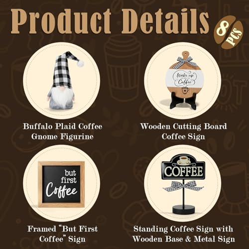 Coffee Bar Decor, 8 PCS Coffee Decorations for Table Tiered Tray Shelf - color: Coffee