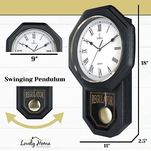 Pendulum Wall Clock, Real Wood Regulator Clock, Black, Quiet Non-Chiming - color: Black