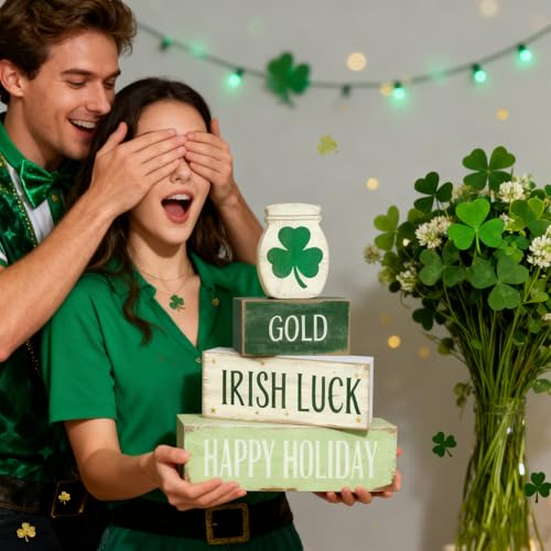 St. Patrick’s Day Decorations - St Patrick Day Irish Luck Tiered Tray Decor Set - Wooden Shamrock Tabletop Decoration - Rustic Farmhouse Holiday Home Decor for Indoor Shelf Mantel Coffee Table Gift - style: Shamrock