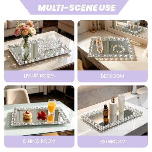 Crystal Mirror Perfume Tray, 11.8" x 7.9" Rectangle Glass Trays - color: Silver C