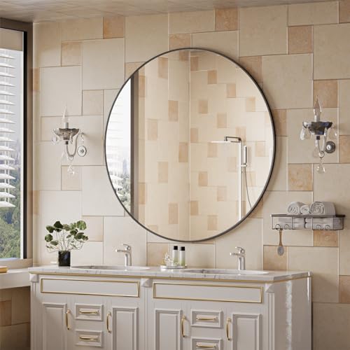 BEAUTYPEAK 42 Inch Round Mirror, Metal Frame Circle Mirror, Black - color: Black, size: 42"L x 42"W