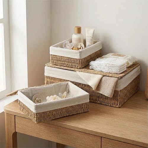 Large Storage Baskets with Lid Set of 3, Woven Bins with Liner - size: Large with Lids