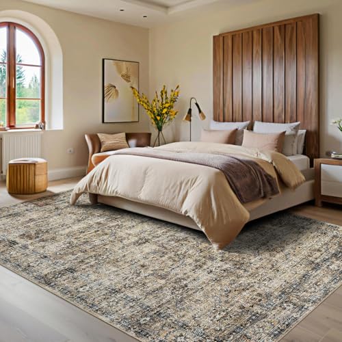 GarveeHome Extra Large Area Rug 10x13 Washable Bedroom Rug Non Slip Foldable Vintage Floral Print Throw Rug Thin Ultra Soft Distressed Carpet for Living Room Home Nursery, Brown - color: Brown, size: 10' x 13' (Rectangular)