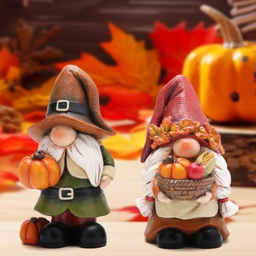 Hodao Fall Pumpkin Gnome Figurines, Thanksgiving Decorations, Set of 2 - color: Thanksgiving Gnomes-a
