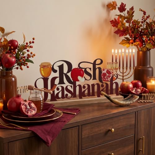 MiniInflat Rosh Hashanah Metal Sign Jewish New Year Table Centerpiece Tiered Tray Decor with Wooden Base Apple Pomegranate Decor for Home Tabletop Centerpiece Mantel Shelf Fireplace - style: Rosh Hashanah