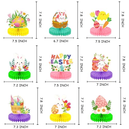 9 Pieces Easter Honeycomb Centerpieces Table Decor, Cute Bunny Chick and Eggs Happy Easter Spring Festive Pattern Table Topper Ornaments Signs, Holiday Easter Day Party Decorations