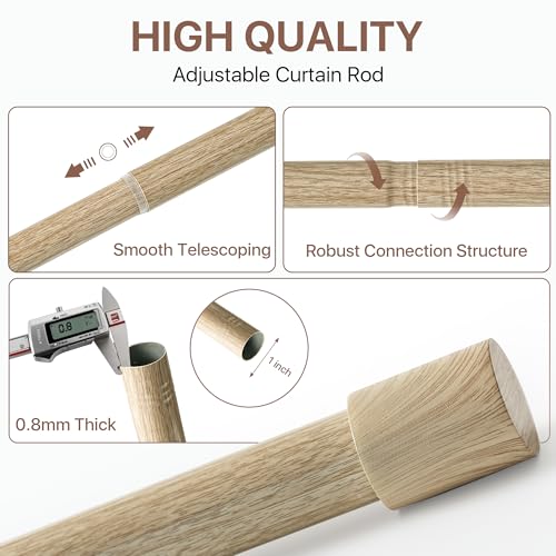 NICETOWN Adjustable Faux Wood Grain Metal Curtain Rod, Extendable Drapery Rod for Living Room Bedroom, Wood-Like Finish with Elegant Gold Metal Cylinder Finials, 48-84 Inches - color: Wood Grain & Gold, size: 48" to 84"