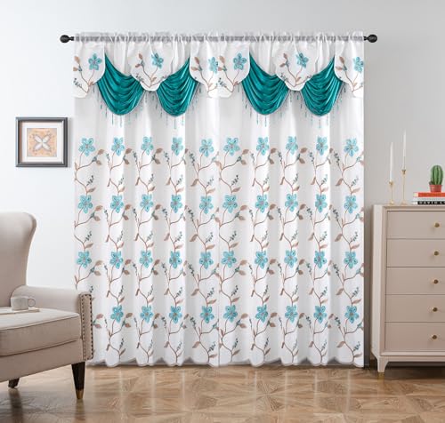 Petrichor Embroidered Sheer Curtain 2 Panels Set - Luxury Window Curtain Attached Valance with Satin Backing and 2 Tie Backs for Living Room,Dining Room, 54x84 inches, Turquoise - color: Turquoise, size: 54"W x 84"L (Pack of 1)
