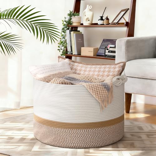 CherryNow 22"x22"x14" Large Blanket Basket, Home Décor for Living Room Bedroom, Cotton Rope Laundry Basket for Clothes Pillows, Baby Fall Decorations for Home Toy Storage, White & Camel - color: White & Mix Camel, size: 83L (22"W x 14"H)