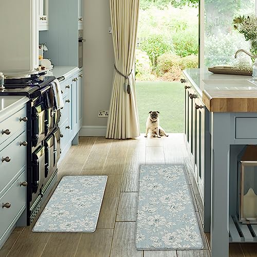 Laura Ashley - Anti-Fatigue Kitchen Mat, Iris Floral Design, Stain, Water & Fade Resistant, Cooking & Standing Relief, Non-Slip Backing, 2 Piece Set, Light Blue - color: Light Blue / Gray, size: 48"L x 17.5"W / 28"L x 17.5"W