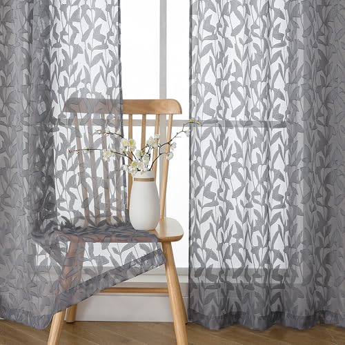 OWENIE Leyna 2 Panels Charcoal Gray Sheer Curtains 45 Inch Length, Jacquard Clip Textured Semi Small Window Curtain for Bedroom Living Room, Farmhouse Rod Pocket Leaves Drapes, 40Wx45L Inches - color: Charcoal Gray, size: 40"W x 45"L (Pack of 2)