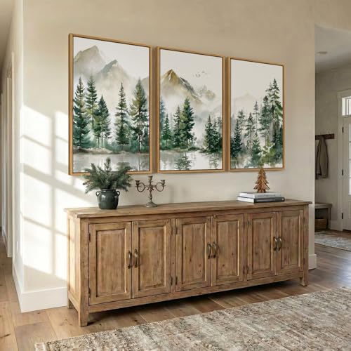 Framed Forest Mountain Wall Art for Living Room, 3 Piece Green Pine, 24x36 - color: Green White, size: 24" W x 36" H x 3Pcs