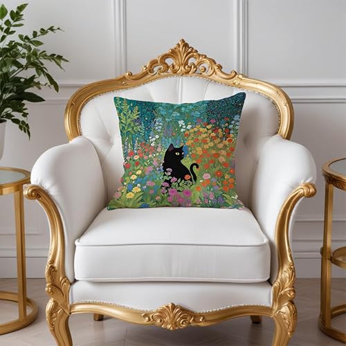 Floral Black Cat Pillow Covers 18x18, Cats Lovers Lady Gifts, Cat Mom Grandma Gifts, Cats in Colorful Wildflower Decorative Pillow Covers for Home Bedroom Living Room Office Decor - color: Style04
