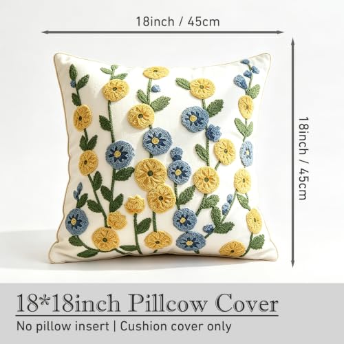 Sunflower Floral Spring Embroidered Throw Pillow Cover 18"x18" Set of 2 - color: Sunflower Yellow