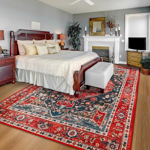 YJ.GWL Area Rug for Living Room, 4x6 Machine Washable Boho Rug for Bedroom, Low Pile Lightweight Thin Rugs Floral Vintage Distress Print Pattern Carpet for Dining Room, Red - color: Red, size: 4' x 6' (Rectangular)