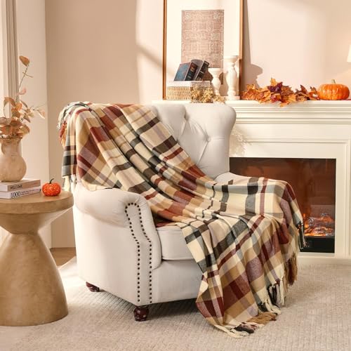 Lanpn Fall Plaid Throw Blanket, Cozy Soft Checked Blankets for Couch Sofa Bed, Decorative Acrylic Fall Throws with Fringe, Travel Cashmere Like Shawl, Autumn Thanksgiving Home Decor Gift, 50x60, Brown - color: Plaid Brown