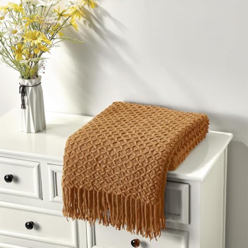 CREVENT Farmhouse Boho Knitted Throw Blanket for Couch Sofa Chair Bed Home Decoration, Soft Warm Cozy Light Weight for Spring Summer Fall (60''X80'' Light Brown) - color: Light Brown, size: 60inchx80inch