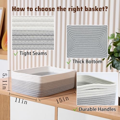 MiniArk Large Shallow Organizing Baskets 15x11x5.1 Inches - Rope Woven Storage Bins for Bathroom, Shelves, Cube Closet, Gradient Grey 3 Packs - color: Gradient Grey, size: 3pcs-L15×W11×H5.1"