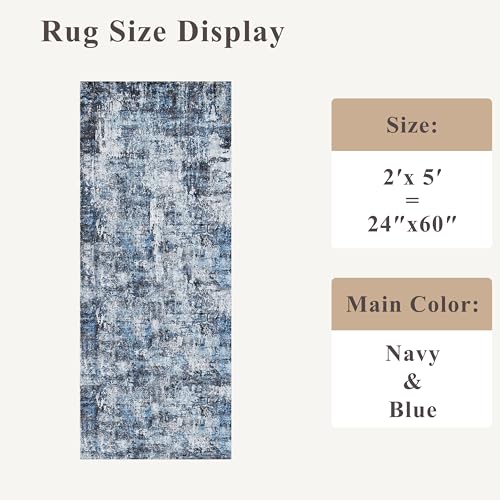 2x5 Washable Kitchen Runner Rug – Non-Slip Rubber Backing Low-Pile Soft Small Rug for Hallway Bathroom Bedroom Entryway Laundry Room – Modern Neutral Abstract Thin (Navy Blue) - color: Navy Blue, size: 2' x 5' (Rectangular)